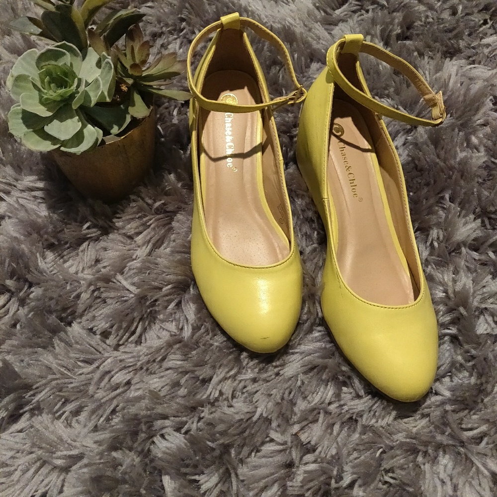 Yellow wedge ankle strap shoes